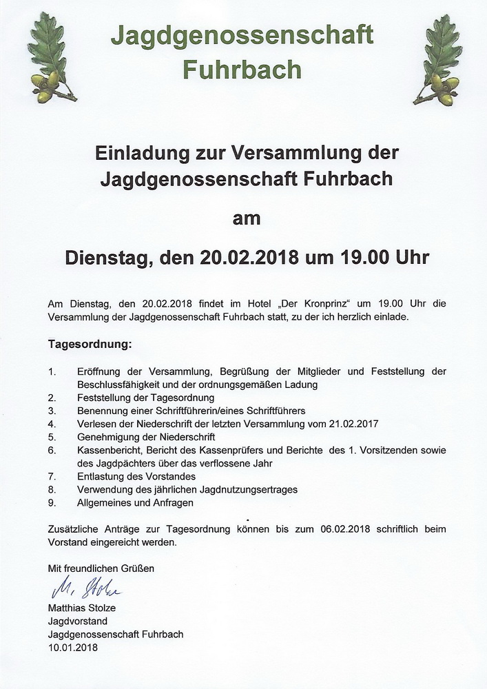 Einladung zur Versammlung der Jagdgenossenschaft mein Fuhrbach